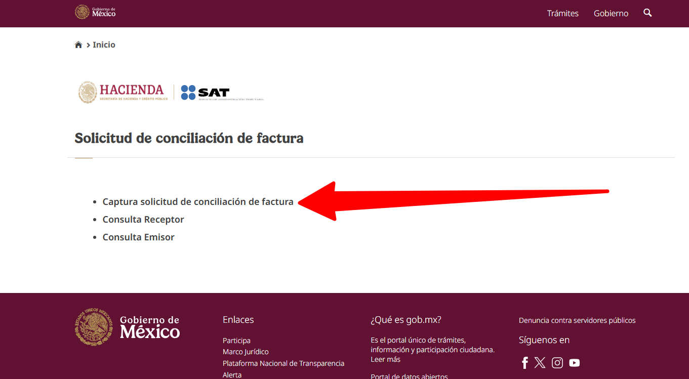 Captura solicitud de conciliación de factura