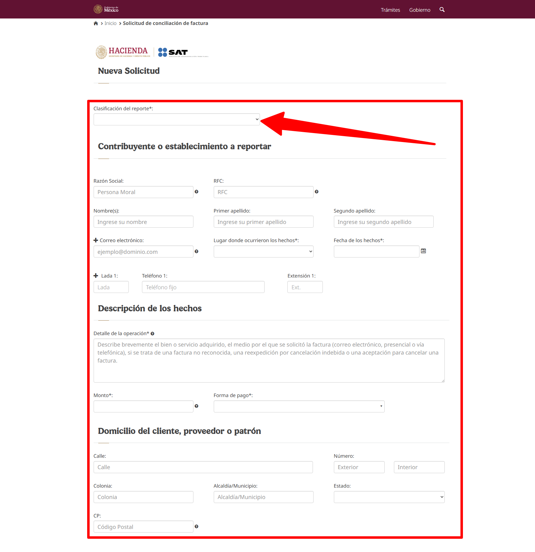 nueva solicitud conciliacion facturas datos proveedor contribuyente o establecimiento a reportar